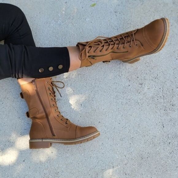 Women's Tan Lace up and Ankle Mid Calf Combat Boots - Picture 4 of 7